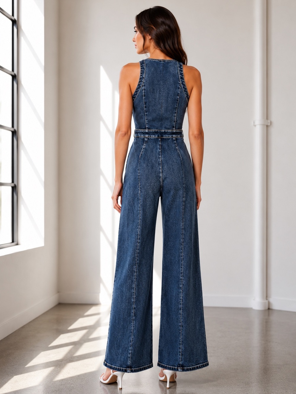 424. The Riviera Washed Denim Wide Leg V-neck Jumpsuit - Picture 2 of 3